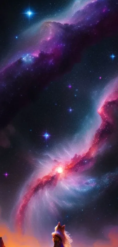 Fantasy galaxy wallpaper with vibrant nebula and celestial scene.