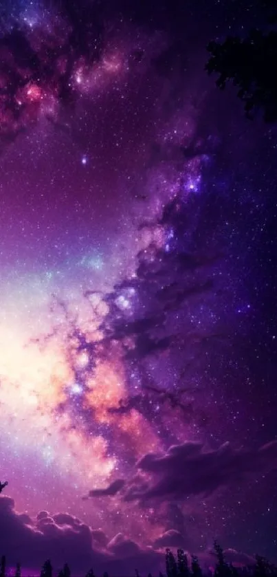 Purple galaxy with starry night sky and cosmic clouds wallpaper.