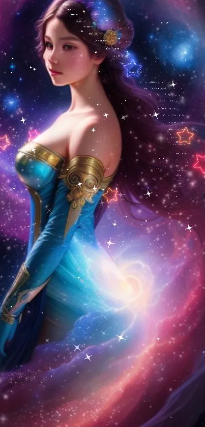 Fantasy princess in galaxy-themed wallpaper with colorful cosmic elements.