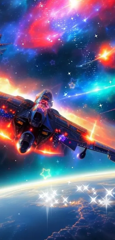 Fighter jet soaring through a colorful galaxy nebula in space.