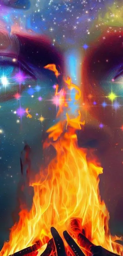 Fantasy wallpaper with fiery galaxy design featuring cosmic flames.