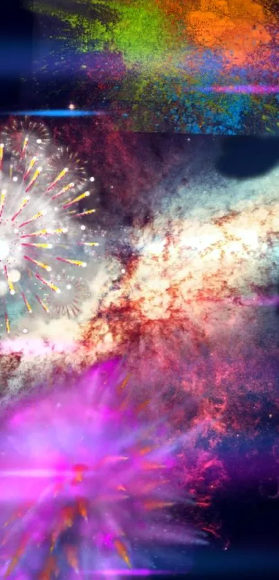 Colorful galaxy and fireworks abstract mobile wallpaper.