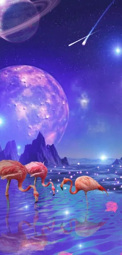 Flamingos under a cosmic purple night sky with planets.