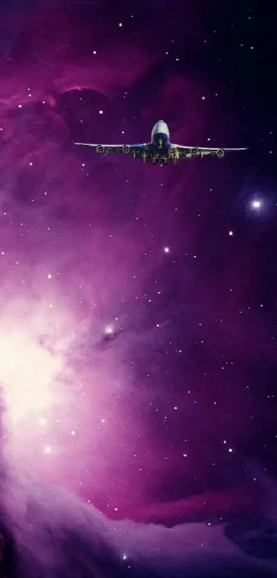 Plane flying through a vibrant purple galaxy filled with stars.