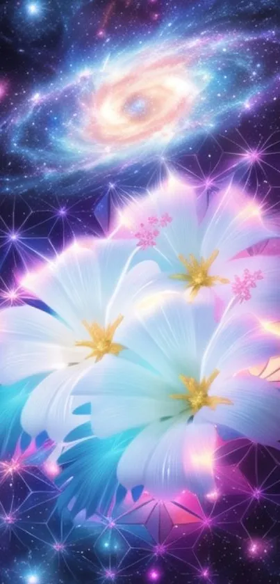 Vibrant galaxy with glowing flowers wallpaper.