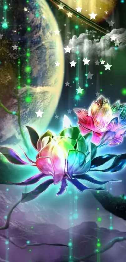 Fantasy cosmos with vibrant flowers and planets.