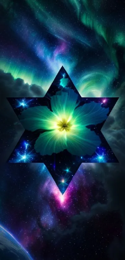 Mobile wallpaper featuring a star-shaped galaxy with a glowing flower in the center.