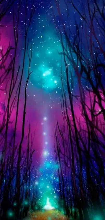 Mystical galaxy forest with vibrant purple and blue hues creating a dreamscape.