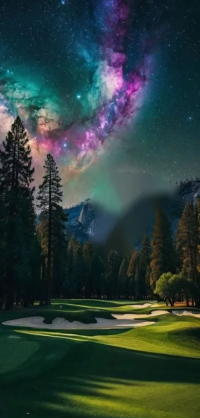 Majestic galaxy over a forest at night, perfect for a serene mobile wallpaper.