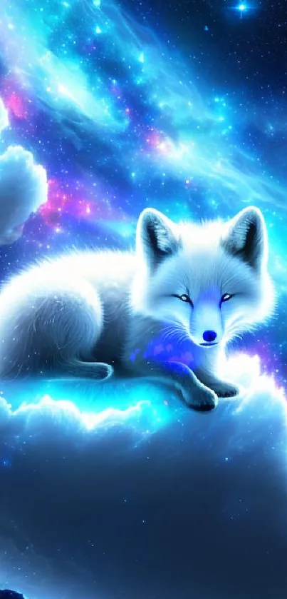 Galaxy-themed wallpaper with fox on clouds.