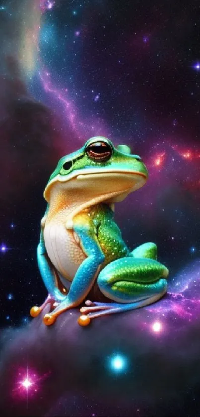 Colorful frog sitting in a vibrant galaxy scene featuring stars and nebulae.