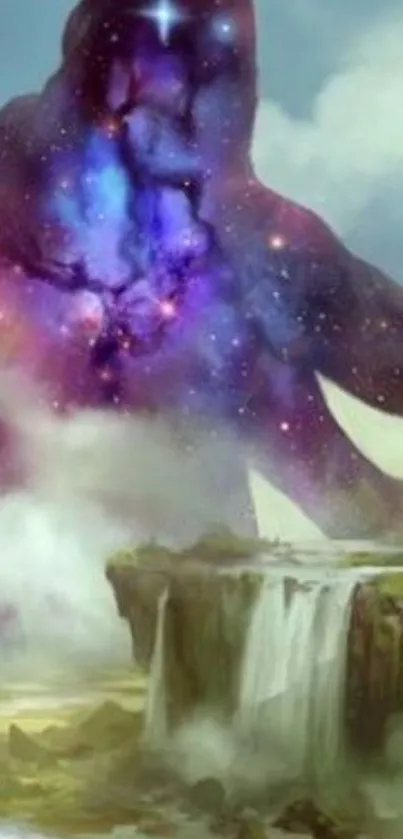 Galaxy giant over a misty waterfall landscape, blending fantasy and nature.