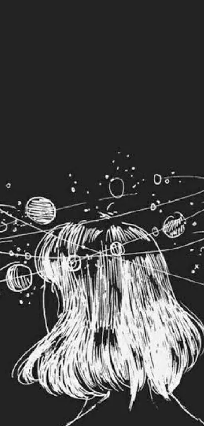 Black and white wallpaper featuring a girl with orbiting galaxies around her head.