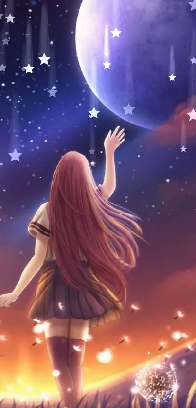 Anime girl under starry sky reaching for moon.