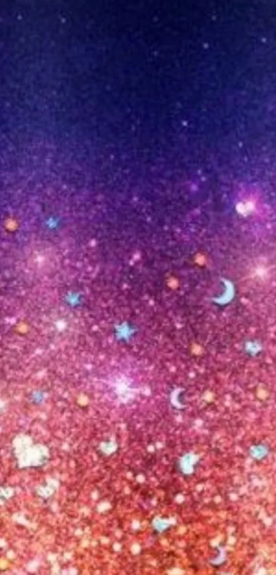 Colorful galaxy glitter wallpaper with stars and moon.