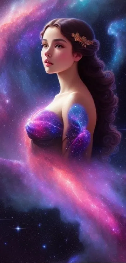 A fantasy goddess in a vibrant galaxy scene with nebula and stars.