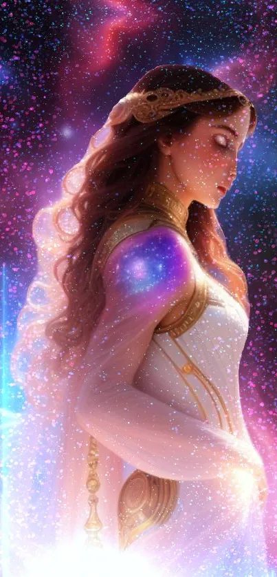 Galaxy goddess with vibrant pink hues in a cosmic setting.