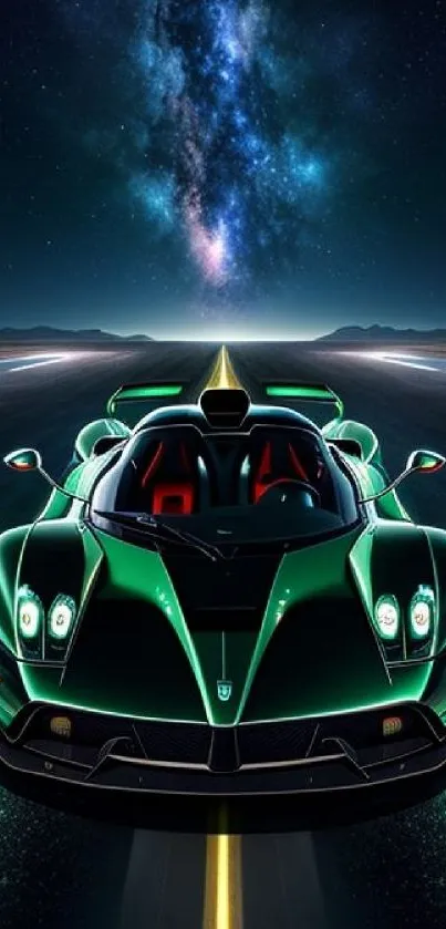 Futuristic green sports car on night road with starry sky.
