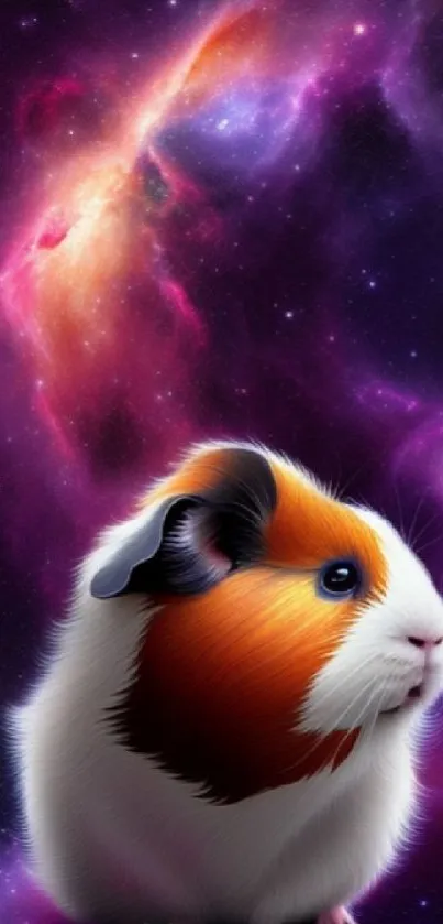 Guinea pig against a vibrant purple galaxy background.