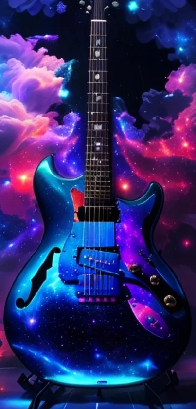 A vibrant galaxy-themed guitar with a cosmic background.