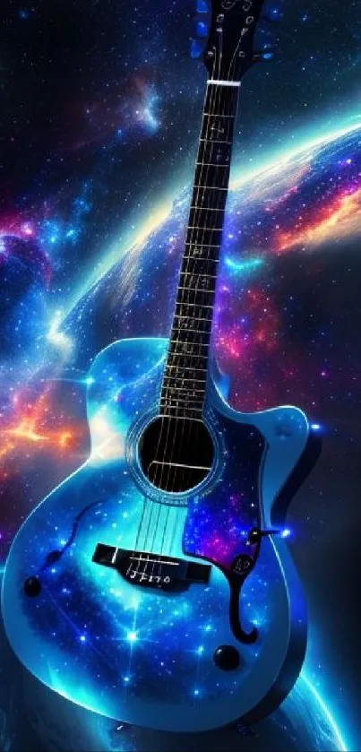 Blue acoustic guitar with cosmic galaxy background.
