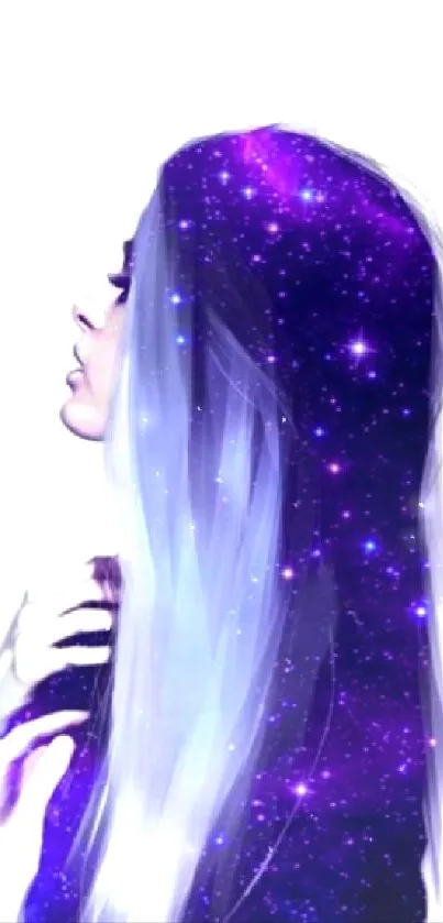 Woman with cosmic hair and galaxy stars.