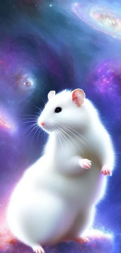 Galaxy-themed wallpaper with a cute white hamster.