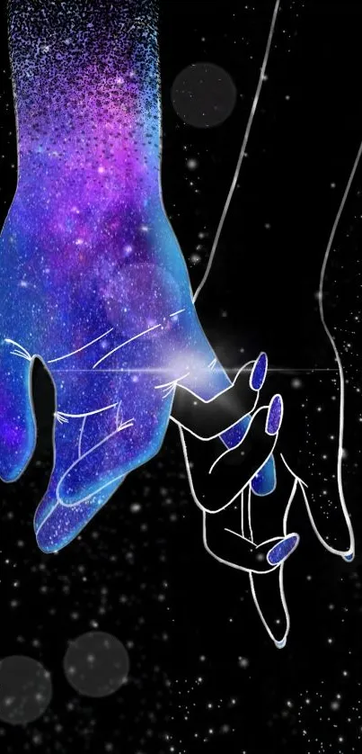 Intertwined hands in galaxy-themed art with a cosmic background.