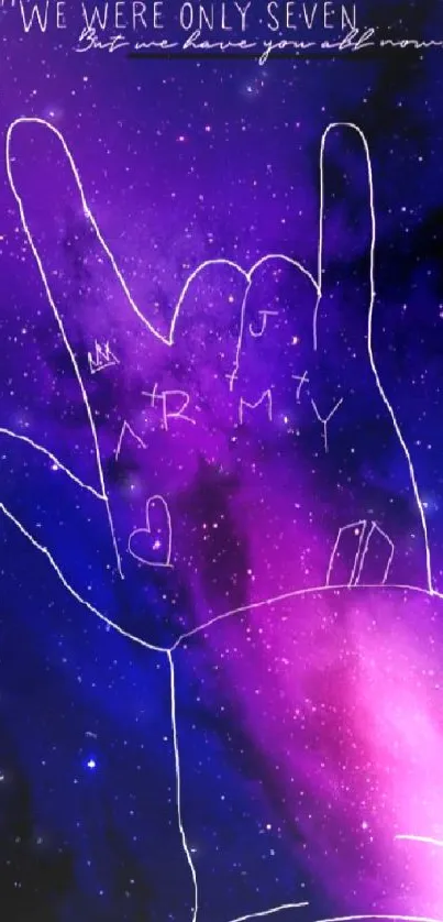 Vibrant galaxy hand gesture with cosmic background.