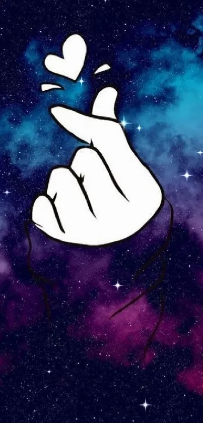 Galaxy-themed mobile wallpaper with hand gesture.