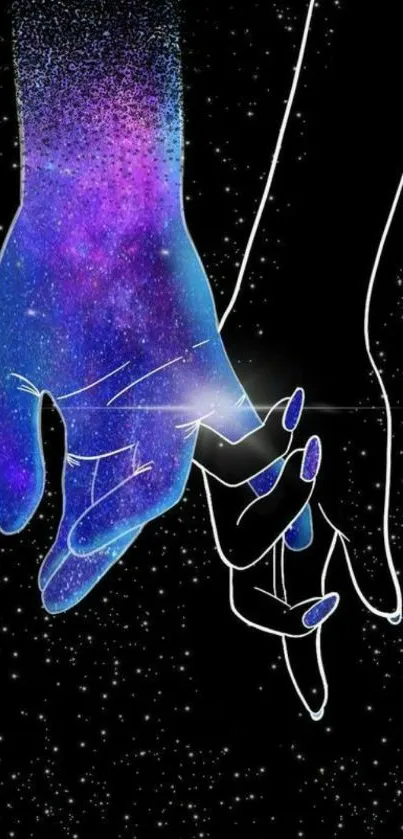 Galaxy-inspired hands intertwined in cosmic theme.