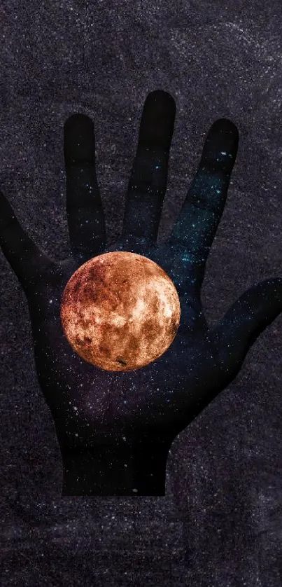 Hand silhouette holding a moon with galaxy background.