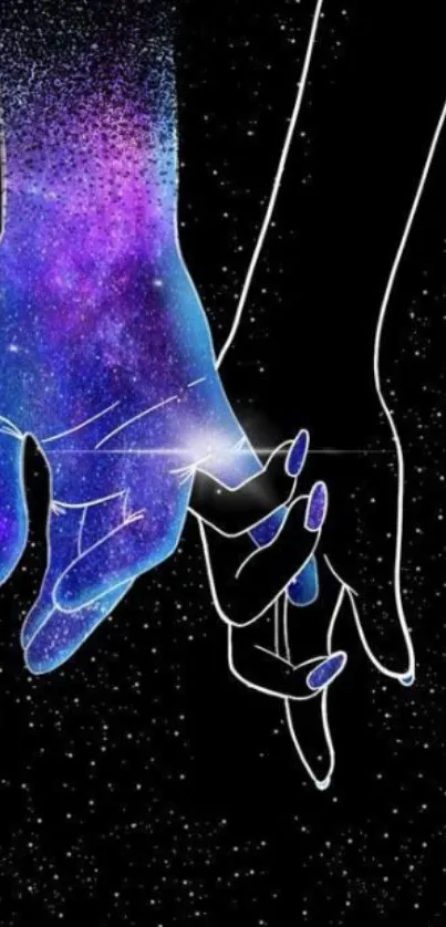 Galaxy-themed hand holding wallpaper with purple and black hues.