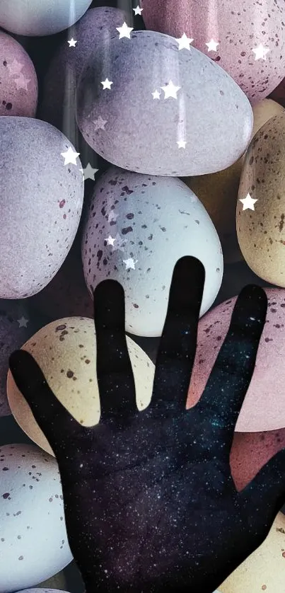 Galaxy hand and speckled eggs with stars on mobile wallpaper.