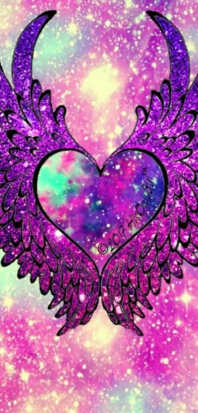 Galaxy heart with wings in vibrant cosmic colors and sparkling purple shades.