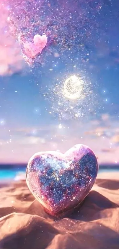 Galaxy heart on a beach with a mystical celestial background.