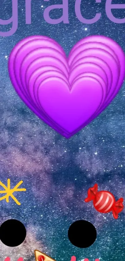 Purple heart with galaxy background and emoji accents.