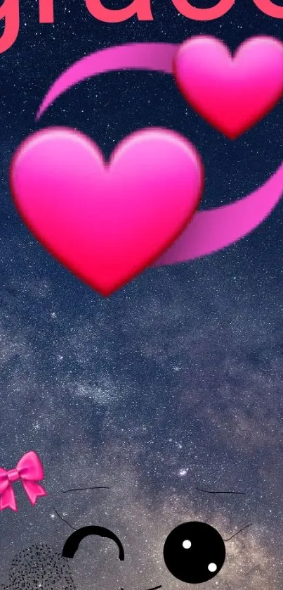 Galaxy background with heart emojis and "grace" text on mobile wallpaper.