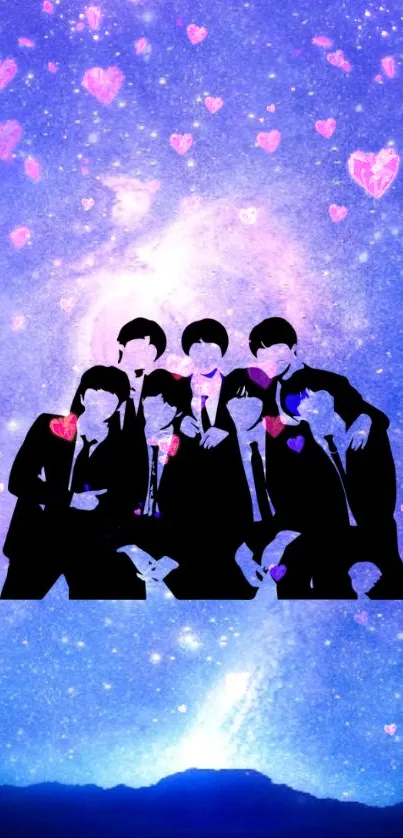 Stylish group silhouette with galaxy and pink hearts design.