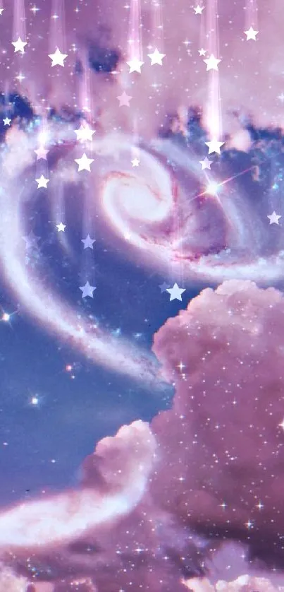 Heart-shaped galaxy in pink clouds wallpaper.