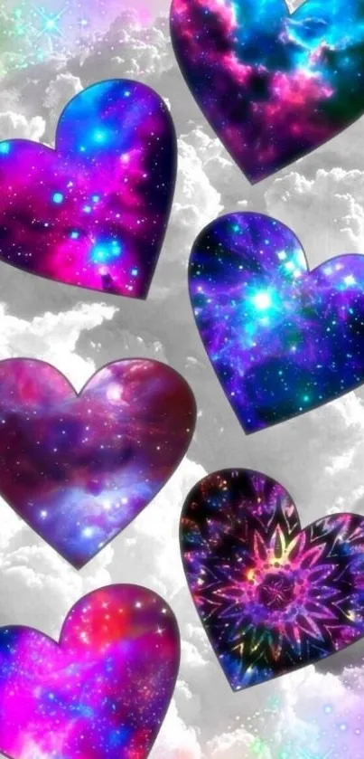 Galaxy heart wallpaper with vibrant cosmic patterns on clouds.