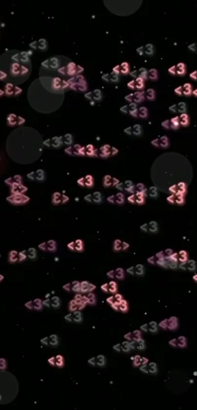 Galaxy-themed wallpaper with glowing pink hearts on a dark background.