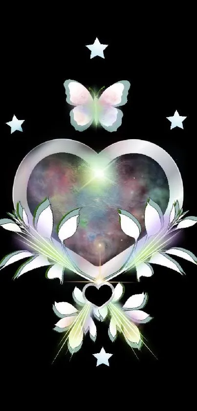 Elegant galaxy heart with stars and butterfly on black background.