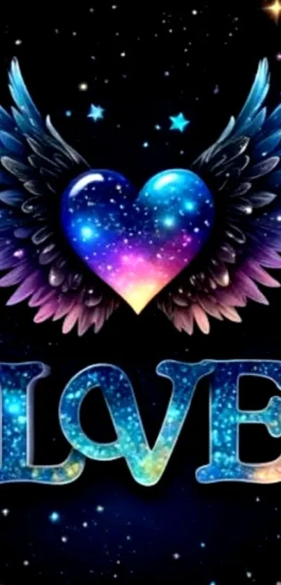 Colorful galaxy heart with wings on starry background.