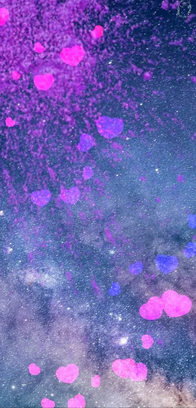 Purple and pink heart galaxy wallpaper with starry night background.