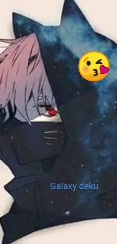 Anime character in galaxy hoodie with pink hair and emoji.