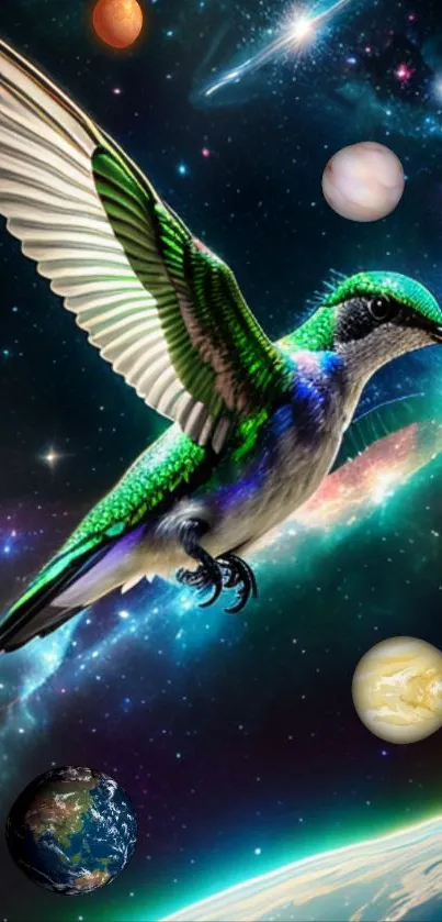 Vibrant hummingbird flying through a galaxy scene with planets.
