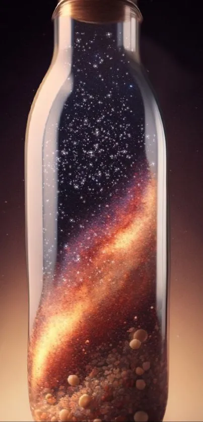 A glass bottle holds a swirling galaxy, with stars and cosmic dust inside.