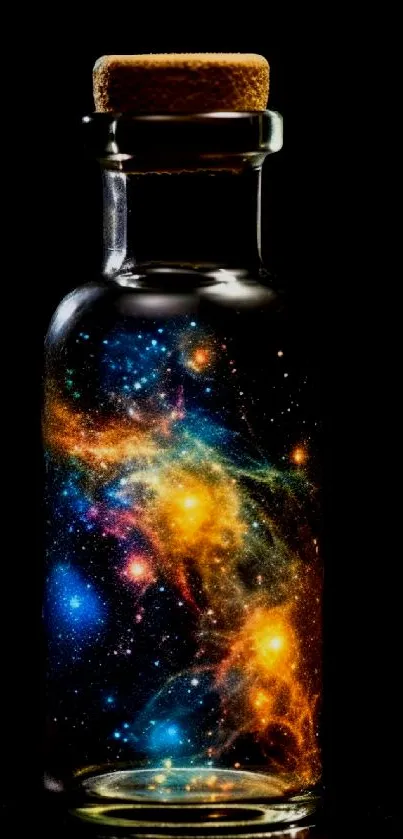 A mesmerizing galaxy captured in a glass bottle against a dark backdrop.