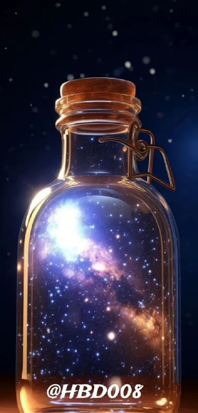 Galaxy contained in a glass bottle with starry background.